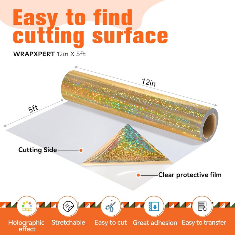 WRAPXPERT Holographic HTV Iron on Vinyl Gold Heat Transfer for T-Shirts, 12''x5ft Rolls Gold Vinyl for DIY Clothing,Stretchable & Washable - Image 5